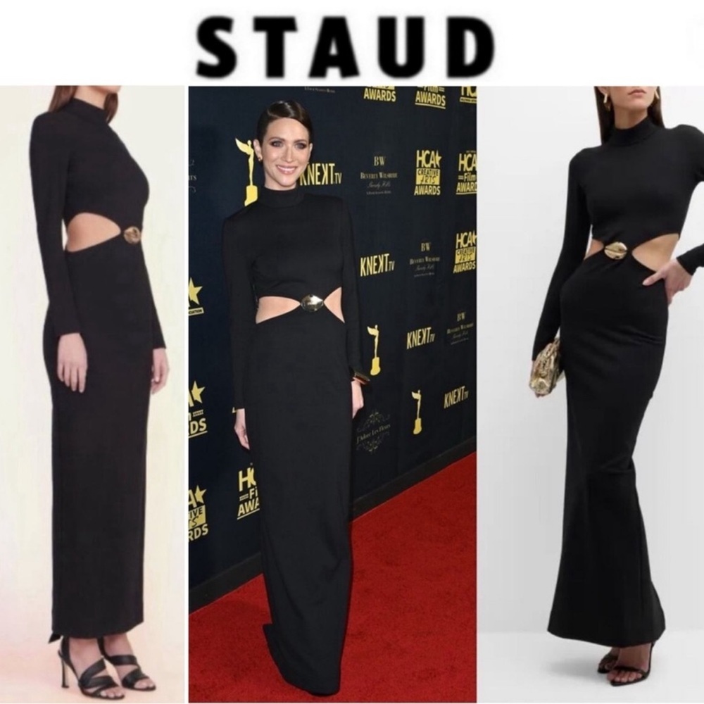 New Staud Arlette Long Sleeve Cutout Gold Lips Maxi Dress Sz Xs